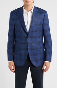 Peter Millar Flynn Classic Fit Dark Blue Plaid Wool Sport Coat