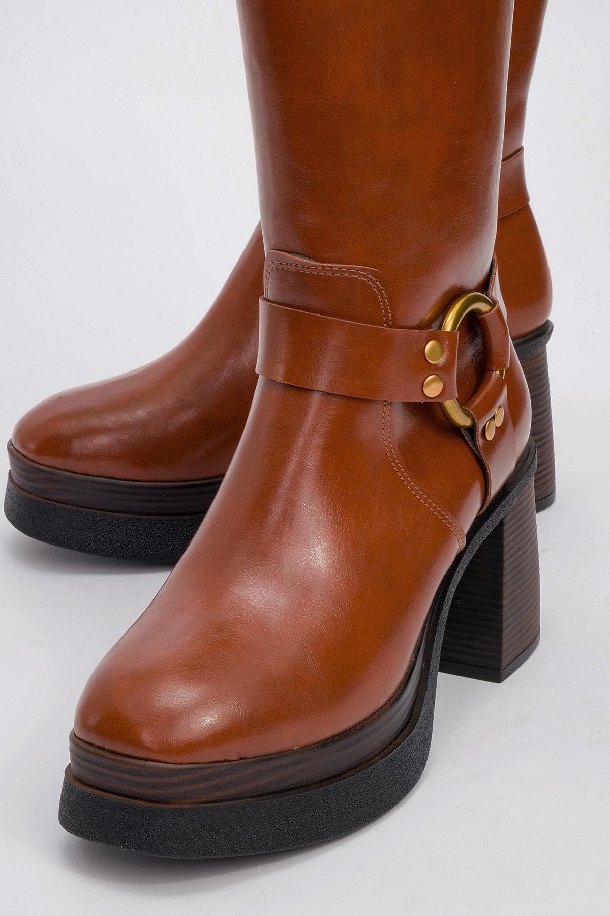 Rock Buckle Zip Block Heel Boot, Alternate, color, Cognac Faux Leather