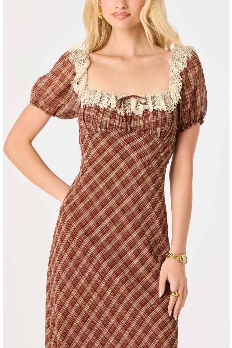 Edwardine Lace Trim Plaid Midi Dress, Alternate, color, WINE PLAID