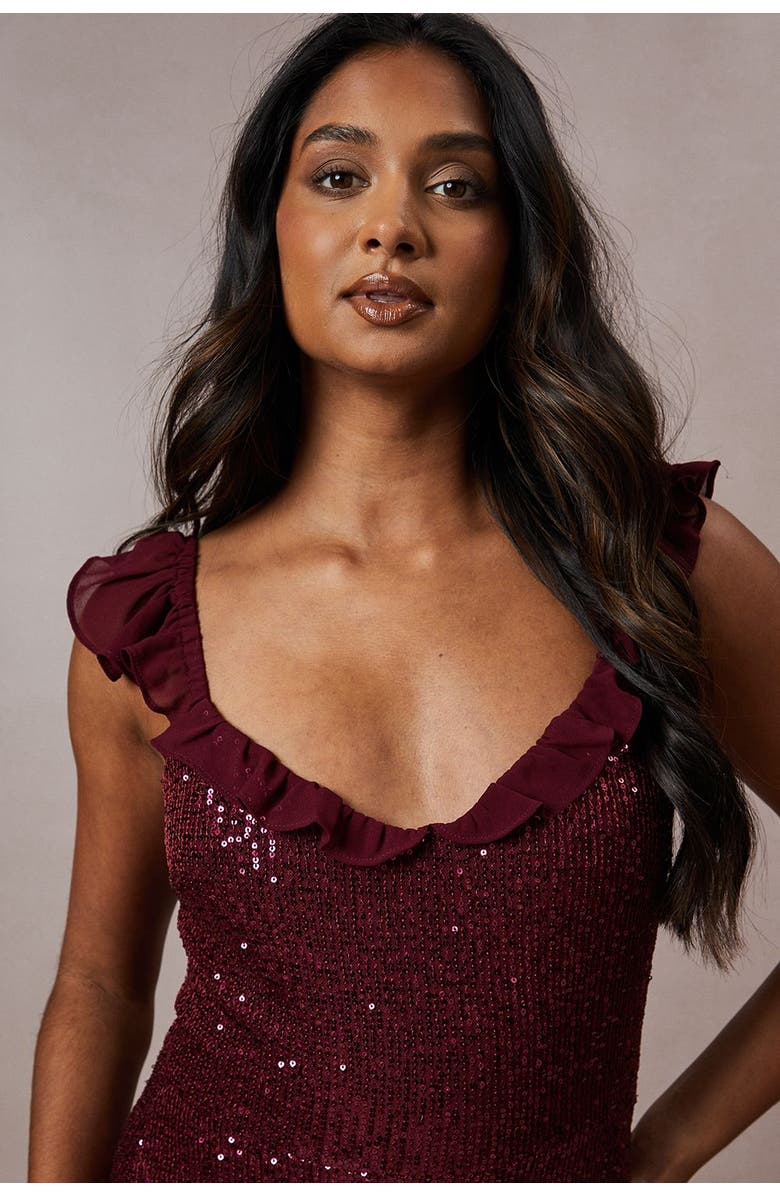 Oasis Occasion Sequin Ruffle Midaxi Dress, Alternate, color, Berry