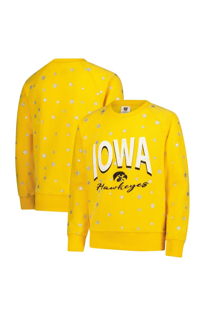 Wes & Willy Girls Youth Wes & Willy  Gold Iowa Hawkeyes Shimmer Star Reverse Sweatshirt, Alternate, color, 