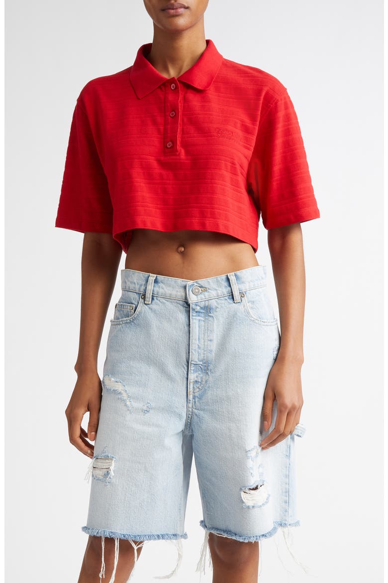 Textured Stripe Logo Embroidered Crop Polo, Main, color, HAUTE RED