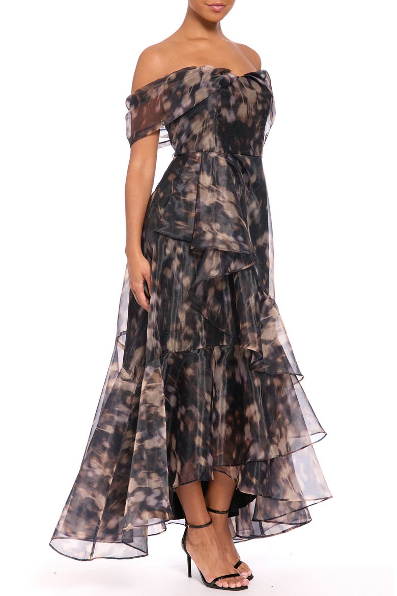Print Off-the-Shoulder Organza Gown, Alternate, color, NAVY/ BUFF