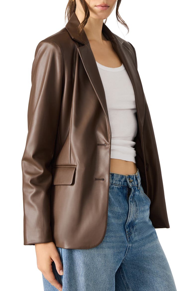 Faux Leather Boyfriend Blazer, Alternate, color, CHOCOLATE