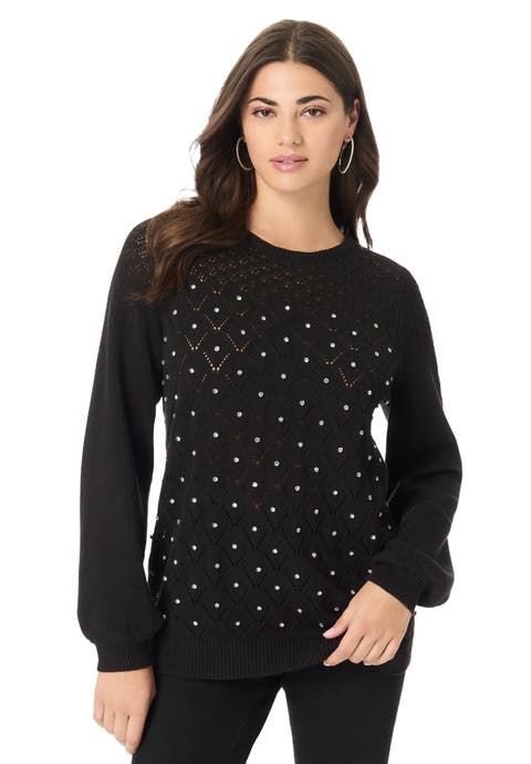 Rhinestone Pointelle Knit Sweater (Plus)