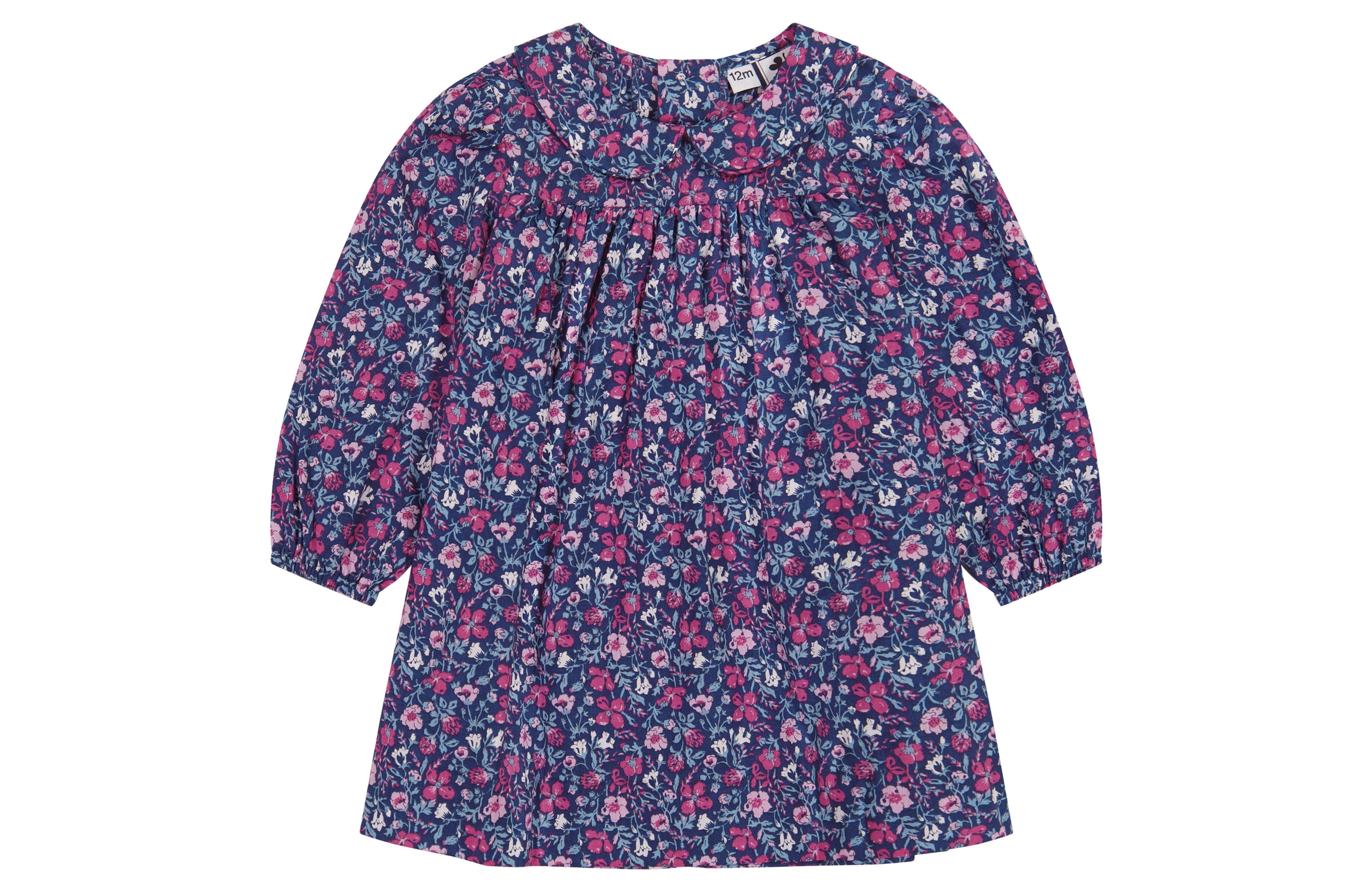 Busy Bees Ginny Girls Peter Pan Collar Dress in Pink Navy Floral 
