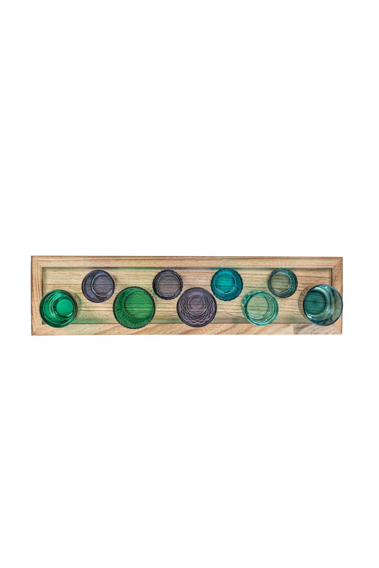 Wood Tray with 9 Blue & Green Glass Votive Holders, Set of 10, Alternate, color, Blue