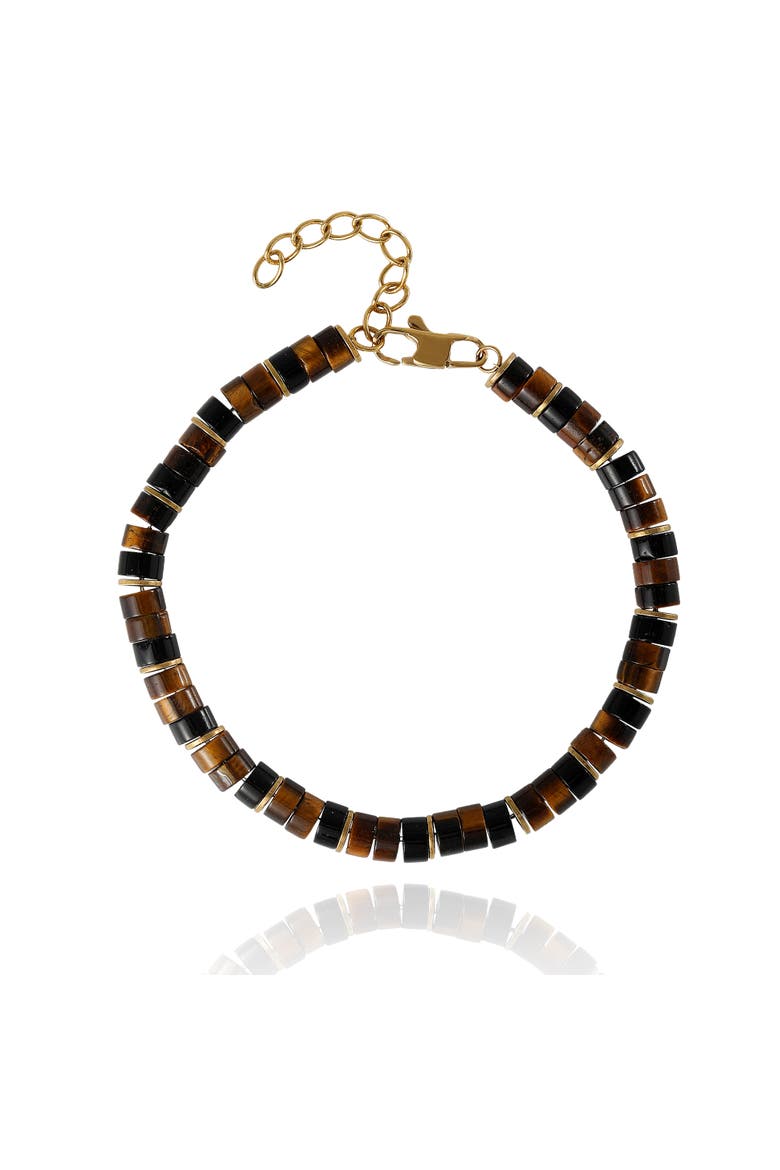 Men's Tiger Eye Heishi Bead Bracelet, Gold-Tone Accents, Adjustable, Main, color, Brown