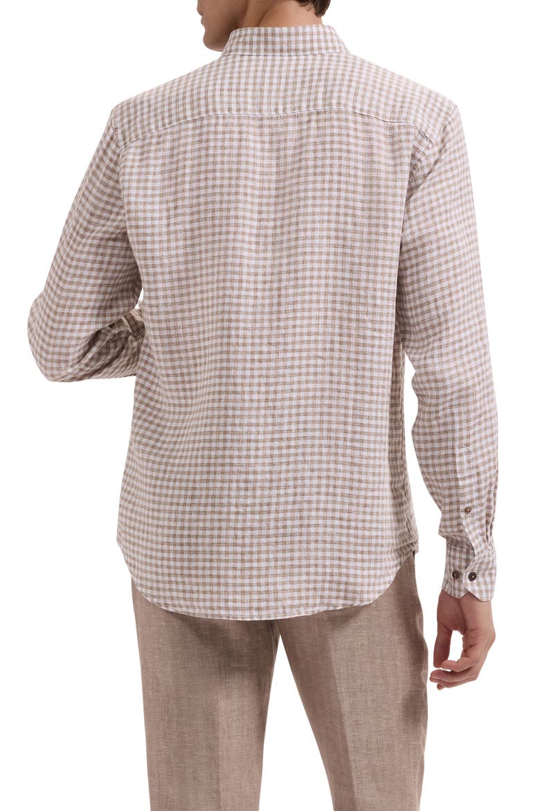 Karl Shaped Fit Gingham Check Linen Button-Up Shirt, Alternate, color, OLIVE