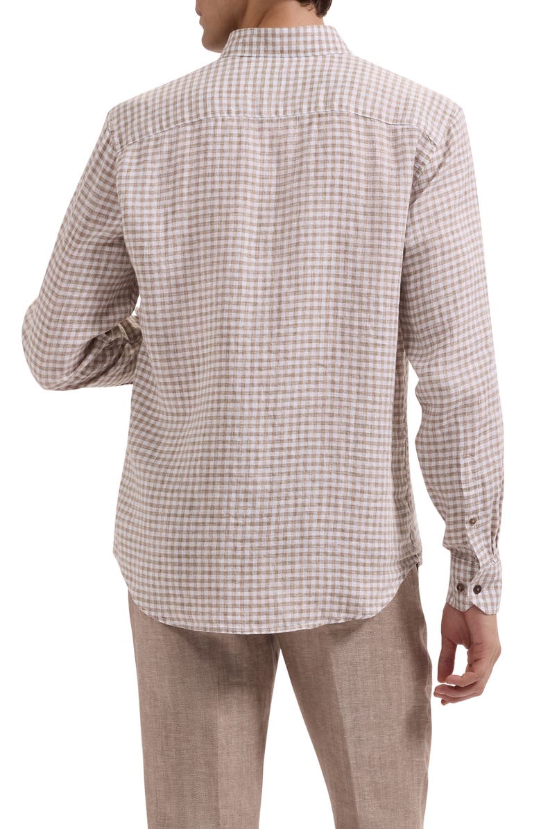Bugatchi Karl Shaped Fit Gingham Check Linen Button-Up Shirt, Alternate, color, Olive