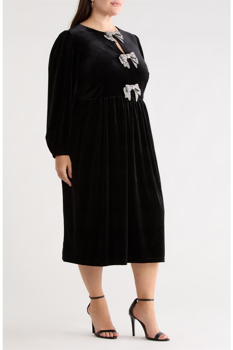 Jena Glow Bow Long Sleeve Velvet Midi Dress, Alternate, color, BLACK