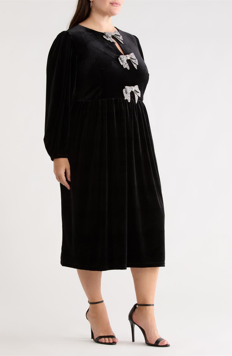 SUGARLIPS Jena Glow Bow Long Sleeve Velvet Midi Dress, Alternate, color, Black