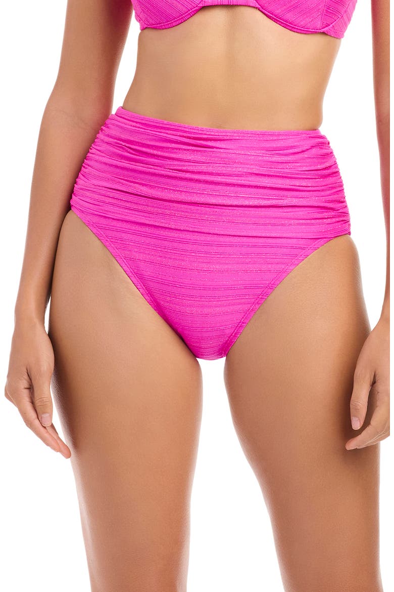 Shirred High Waist Bikini Bottoms, Main, color, DAHLIA