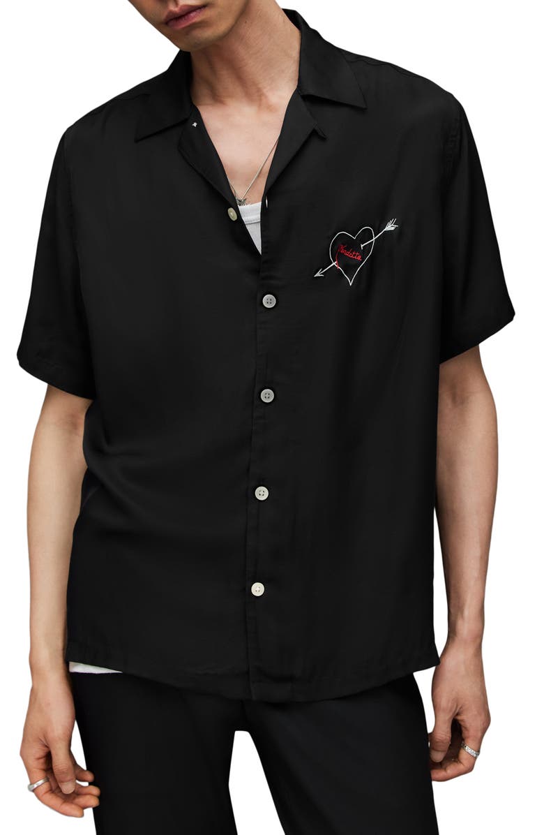 AllSaints Vendetta Embroidered Camp Shirt, Main, color, 