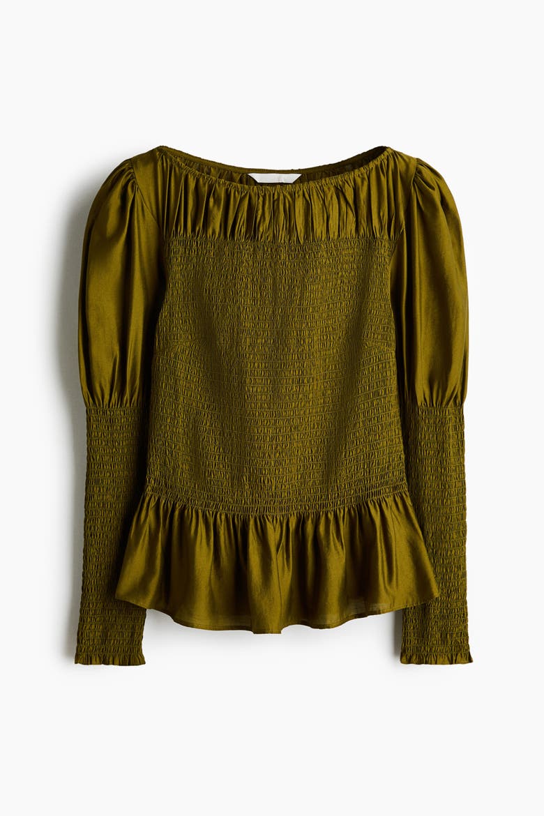 Smocked Viscose-blend Blouse, Main, color, Dark khaki green