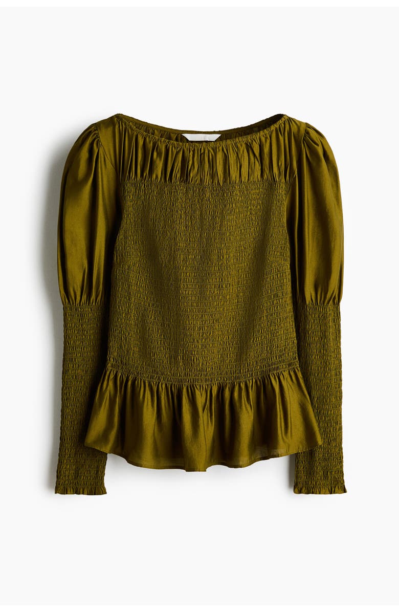 H&M Smocked Viscose-blend Blouse, Main, color, Dark Khaki Green