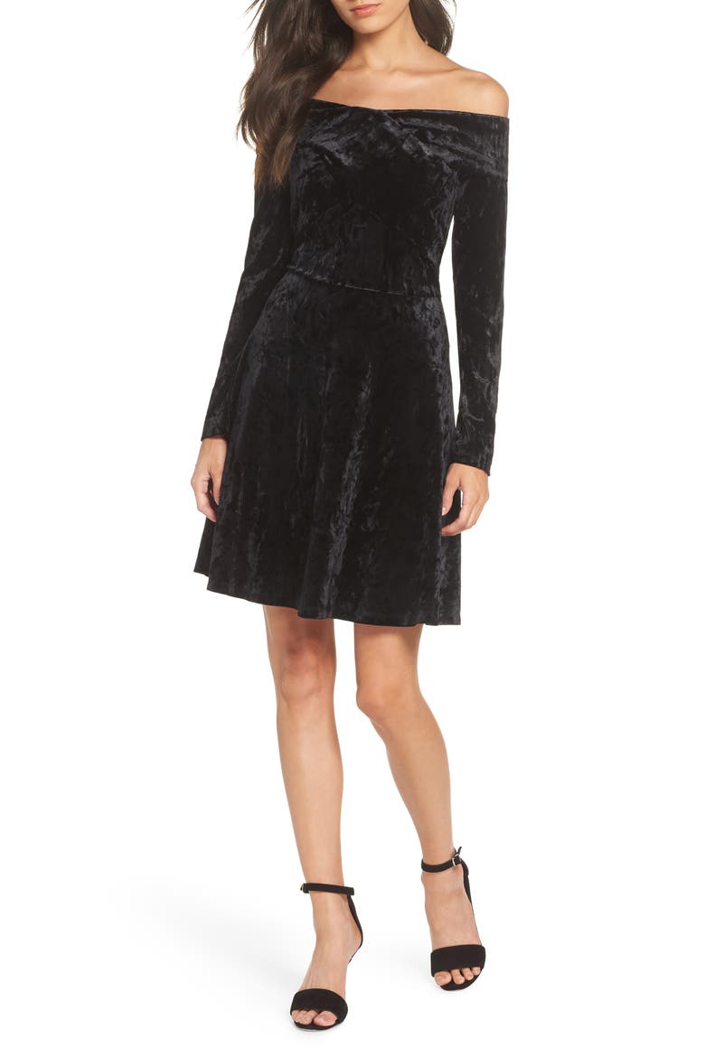 Off the Shoulder Velvet Fit & Flare Cocktail Dress, Main, color, BLACK