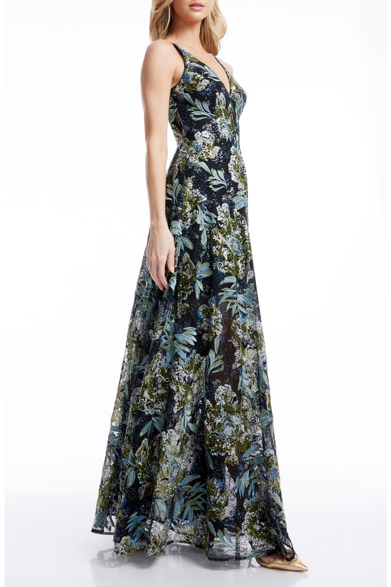 Ariyah Floral Sequin A-Line Gown, Alternate, color, BLACK MULTI