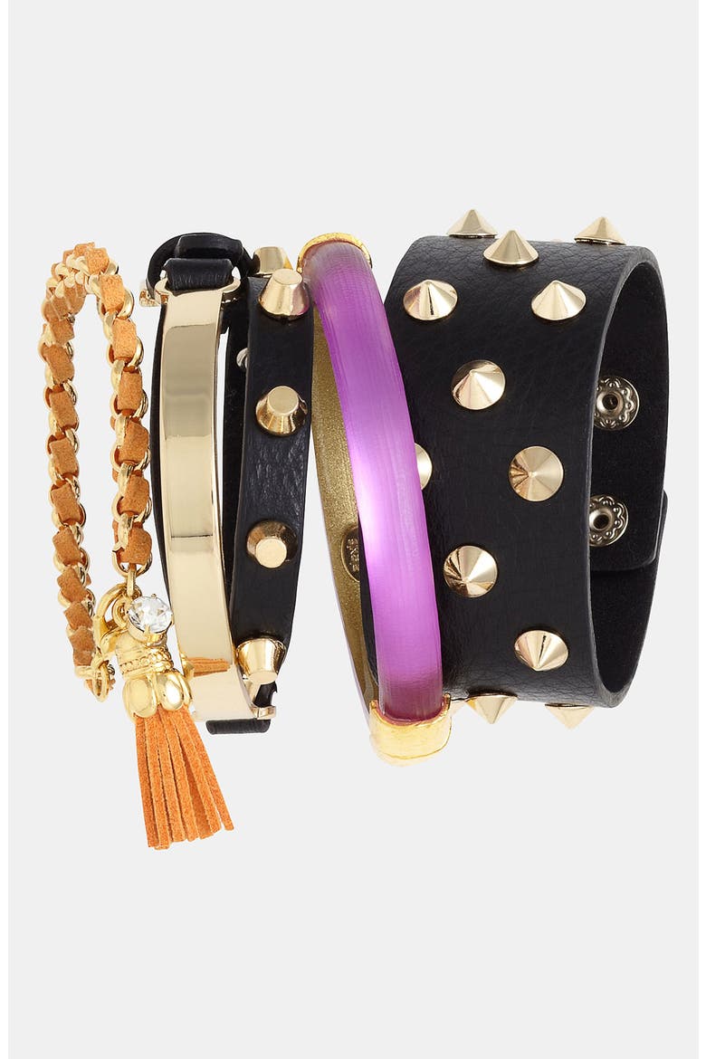 Leather Wrap Bracelet, Alternate, color, BLACK/ GOLD