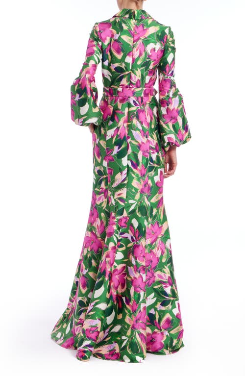 Badgley Mischka Belted Floral-print Mikado Shirt Gown In Emerald Multi