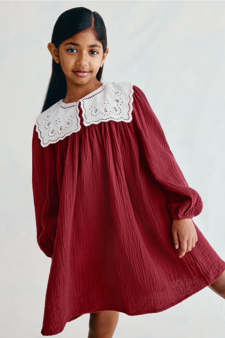 Vintage-collar Muslin Dress, Alternate, color, Red/white
