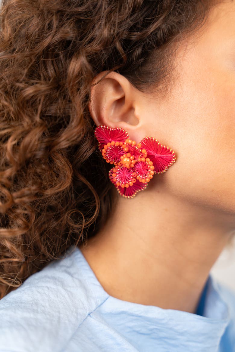 Silk Flower Statement Earrings in Fuchsia/Orange, Alternate, color, Fuchsia, Orange