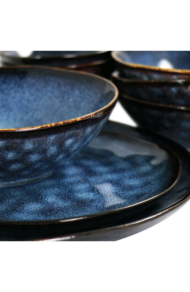 Elama Lucca 20 Piece Round Stoneware Triple Bowl Dinnerware Set in Reactive Glaze, Alternate, color, Blue