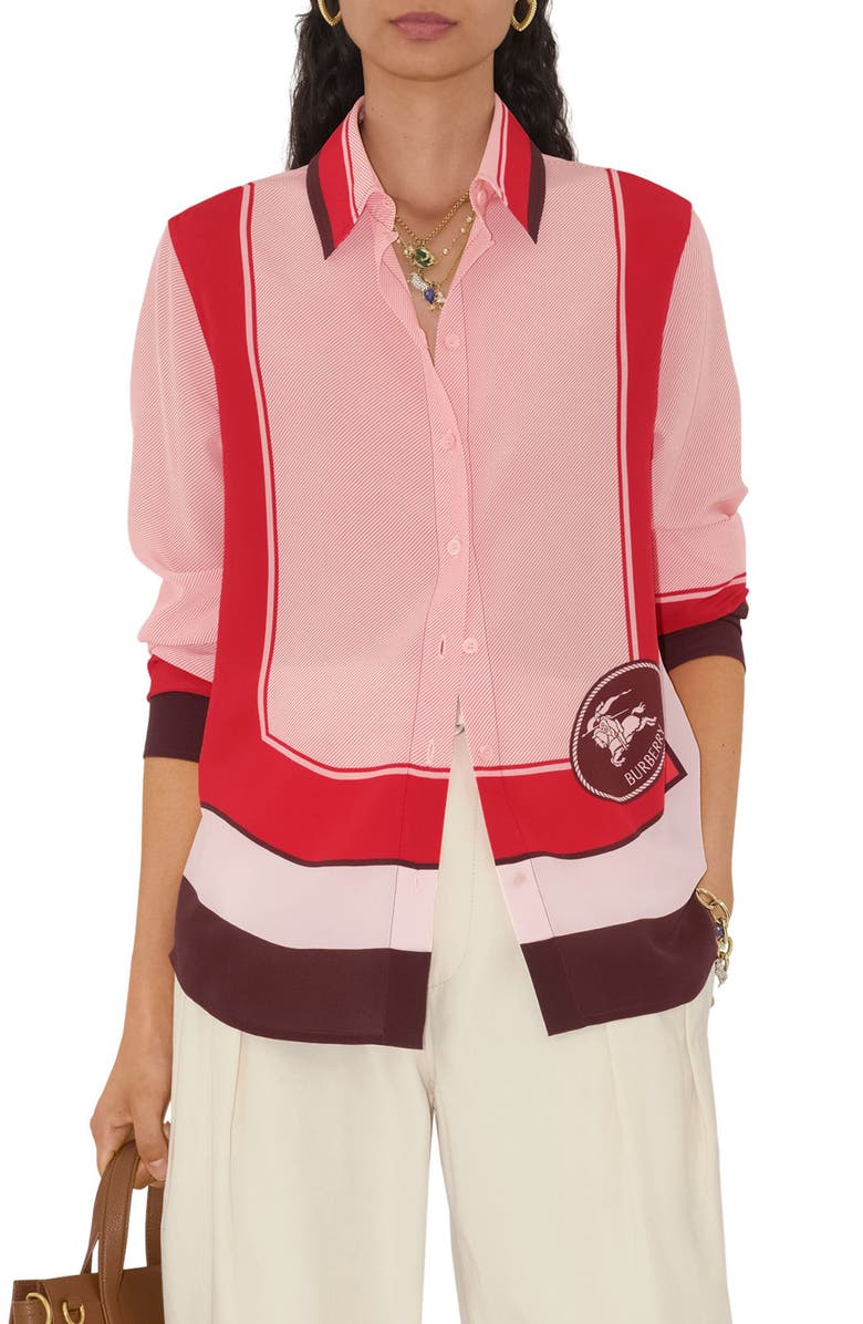 Burberry EKD Stamp Silk Crêpe de Chine Button-Up Shirt, Main, color, Box Ip Pattern