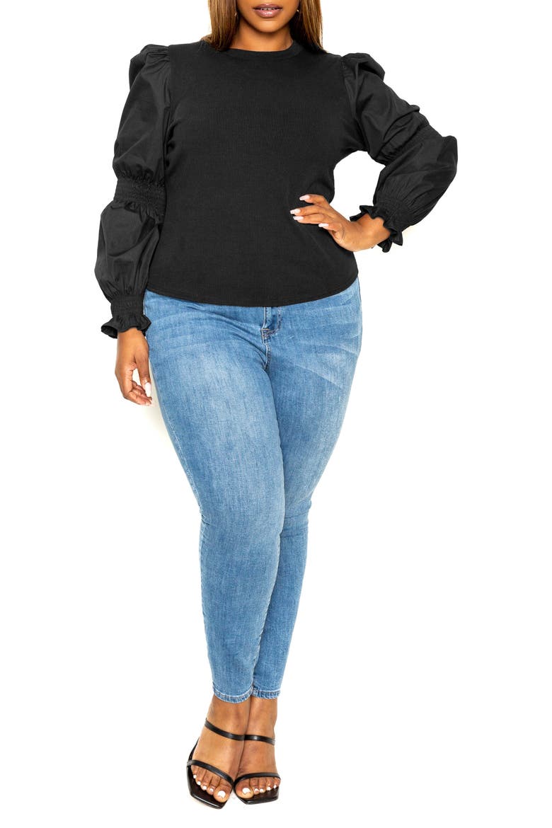 Mixed Media Balloon Sleeve Blouse, Alternate, color, BLACK
