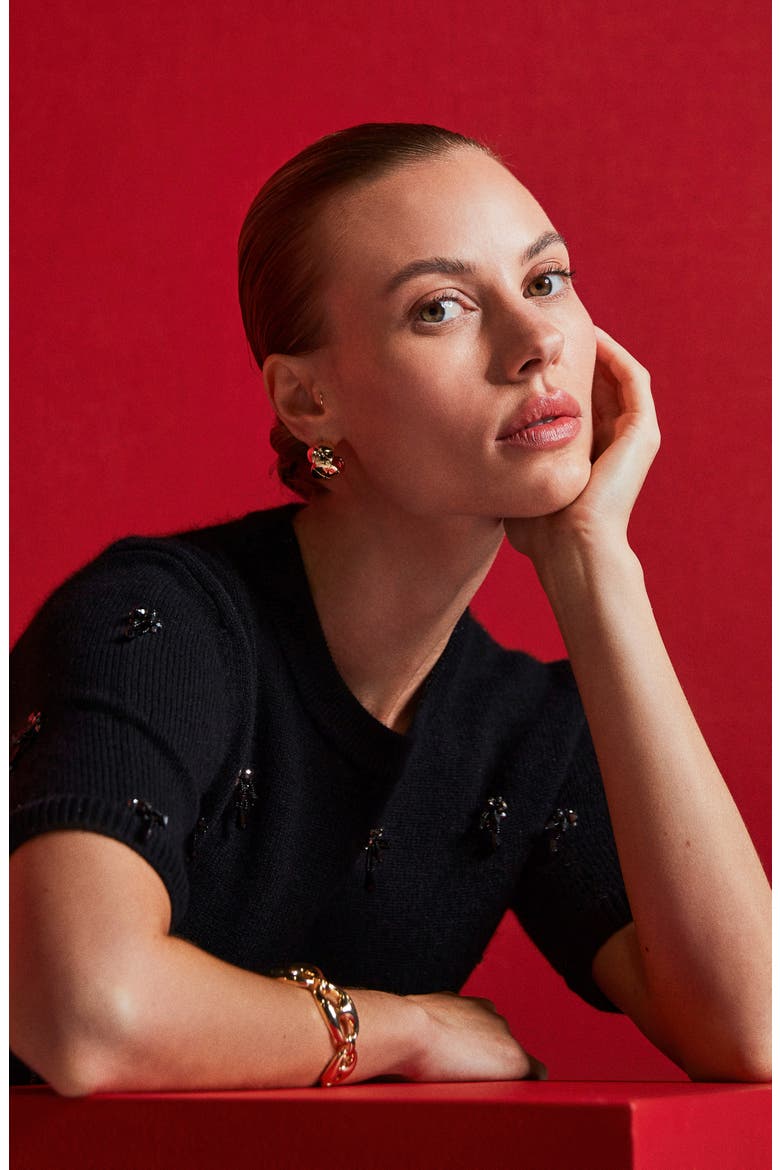 Embellished Short Sleeve Wool & Cashmere Sweater, Alternate, color, BLACK ROCK EMBELLISHED