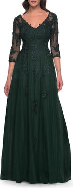 La Femme Tulle and Lace A-Line Dress with V Neckline
