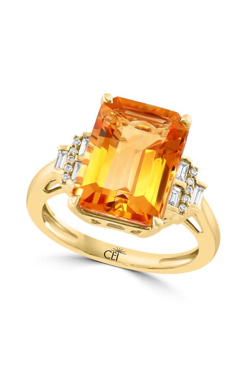 14K Yellow Gold Emerald-Cut Citrine Diamond Statement Ring