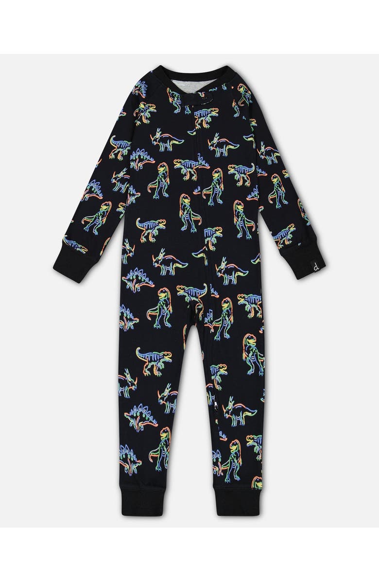 Deux par Deux Boy's Organic Cotton One Piece Pajama Black Printed Neon Dino, Main, color, 