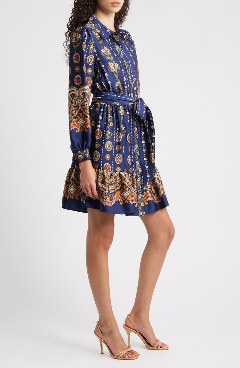 Anne Klein Medallion Print Long Sleeve Tie Waist Shirtdress, Alternate, color, Distant Mountain Multi