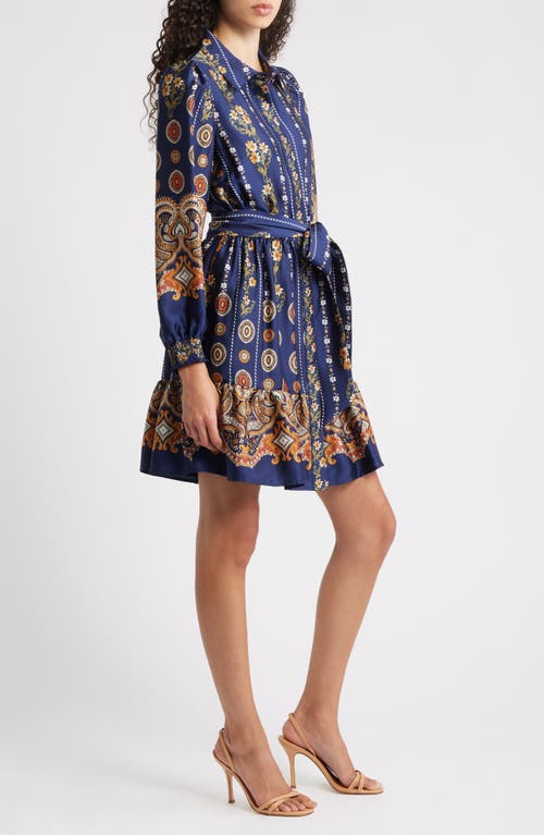 Anne Klein Medallion Print Long Sleeve Tie Waist Shirtdress In Blue