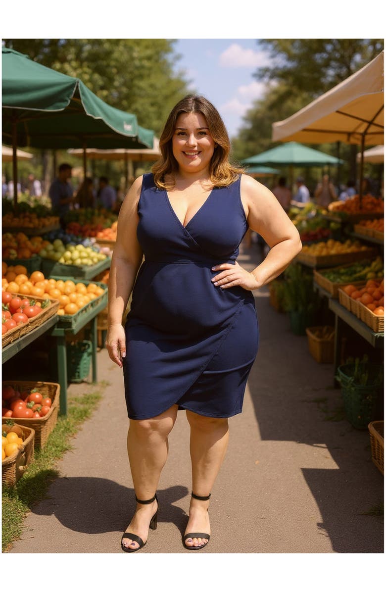 24seven Comfort Apparel Plus Size Solid V-Neck Sleeveless Faux Wrap Tulip Hem Midi Dress, Alternate, color, Navy