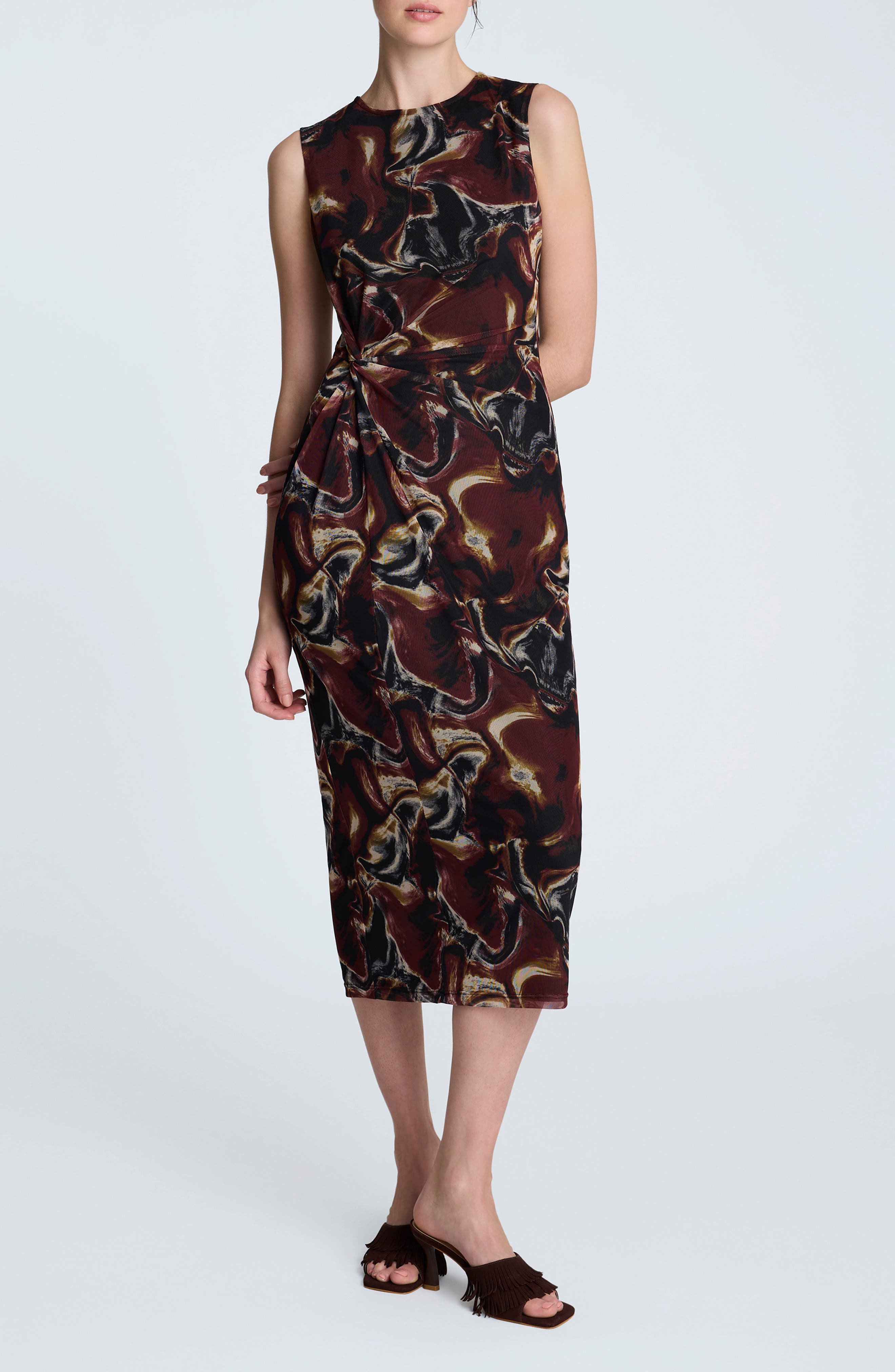 Abstract Print Side Ruched Midi Dress