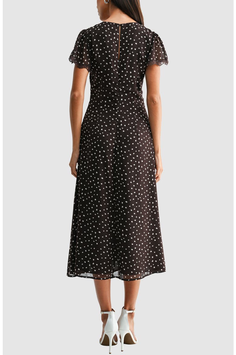 Flutter Sleeve Fit & Flare Midi Dress, Alternate, color, BROWN CREAM