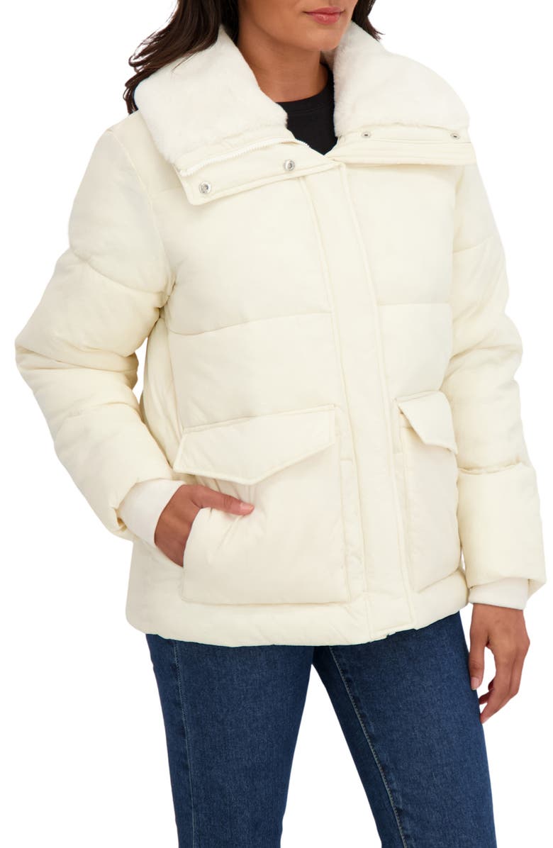 Sebby Water Resistant Faux Fur Collar Puffer Jacket, Alternate, color, Cream