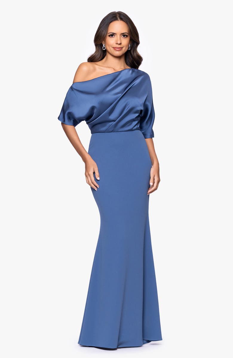 Betsy & Adam Scuba Crepe Satin One-Shoulder Gown, Alternate, color, Slate