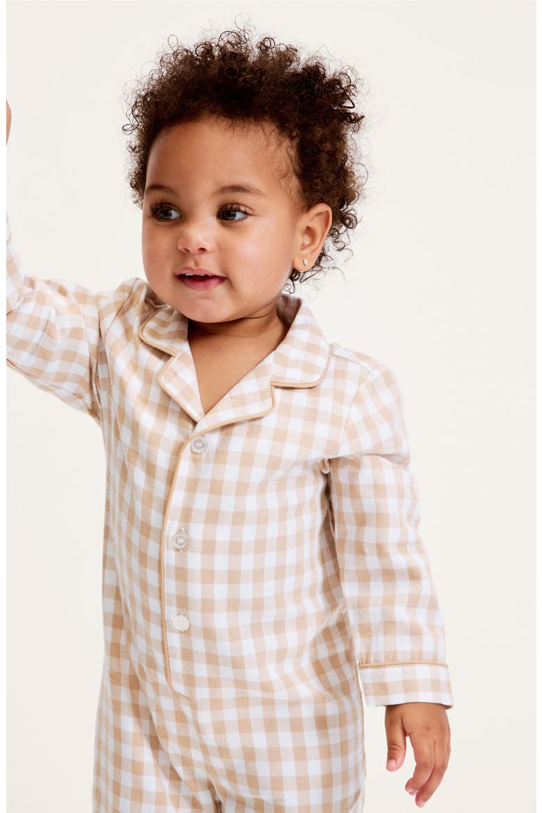Gingham One-Piece Brushed Twill Pajamas, Alternate, color, BEIGE