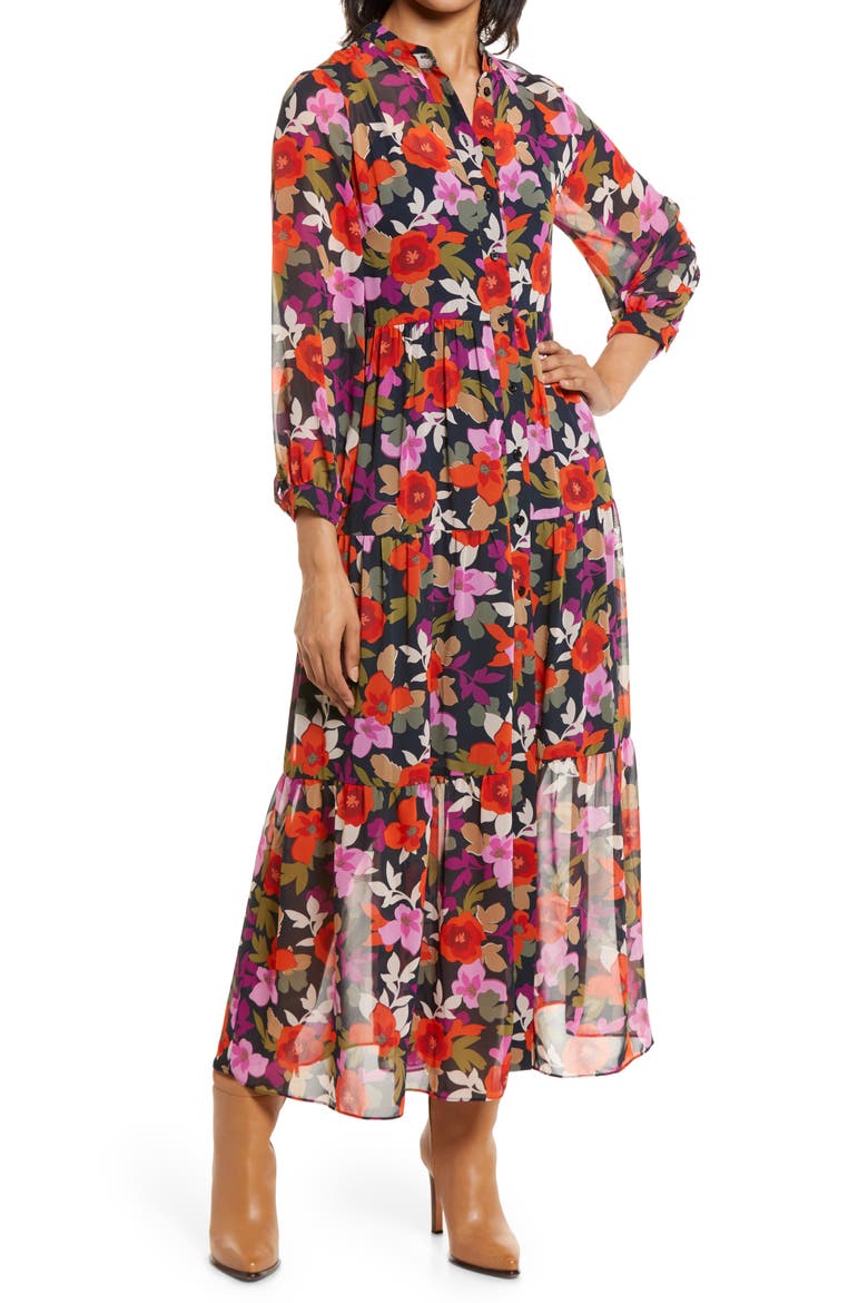 Bold Floral Long Sleeve Maxi Shirtdress, Main, color, DEEP NAVY/ FLAME