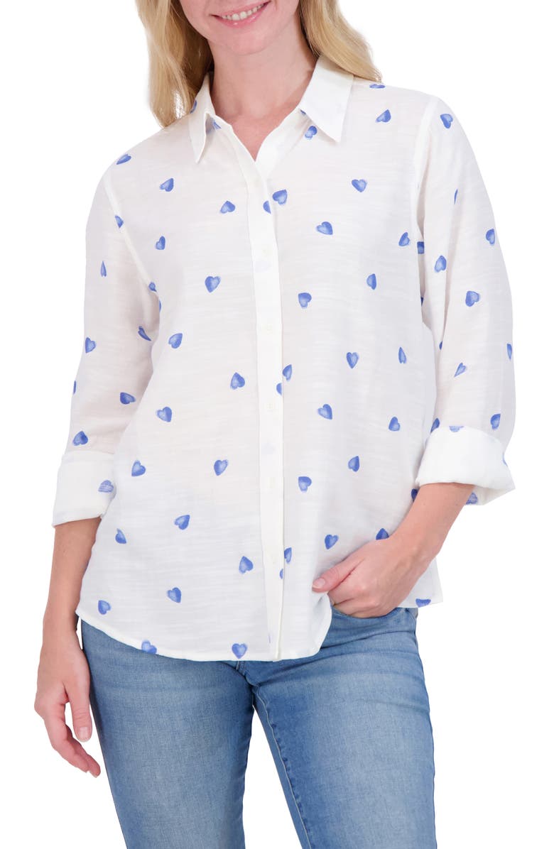 Lucky Brand Heart Print Button-Up Shirt, Main, color, Blue Combo
