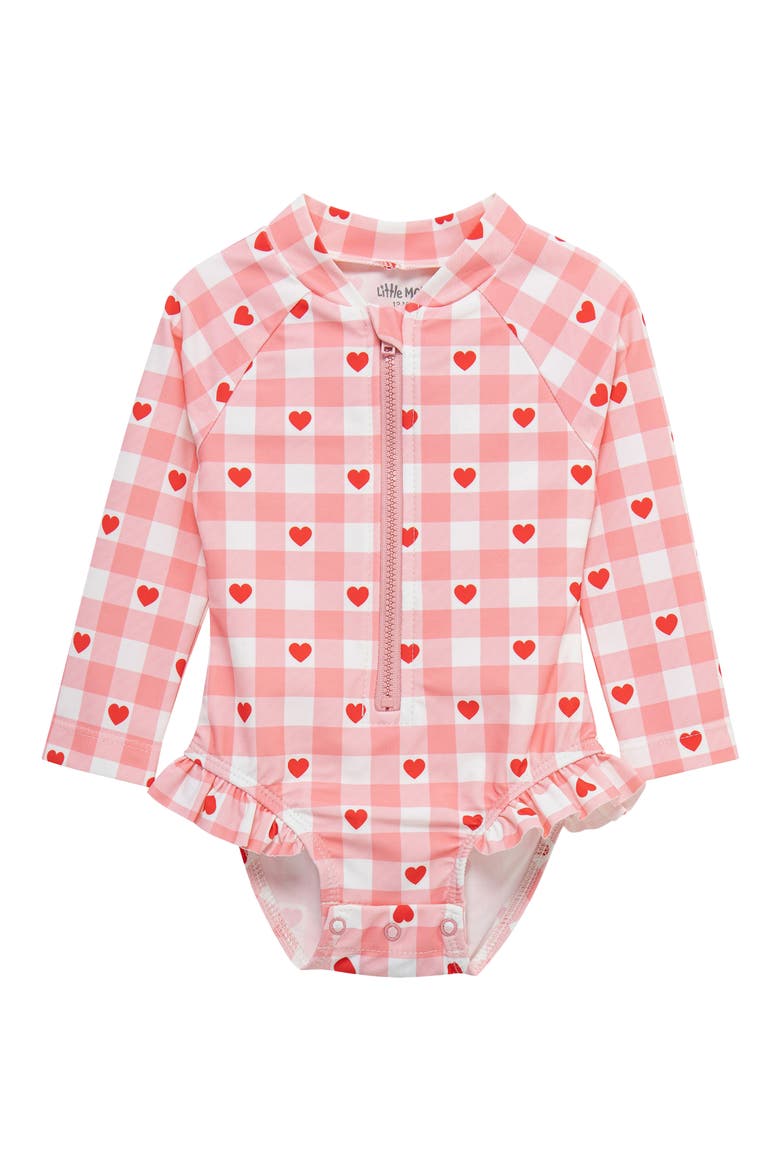Kids' Heart Long Sleeve UPF 50+ One-Piece Rashguard Swimsuit, Main, color, PINK