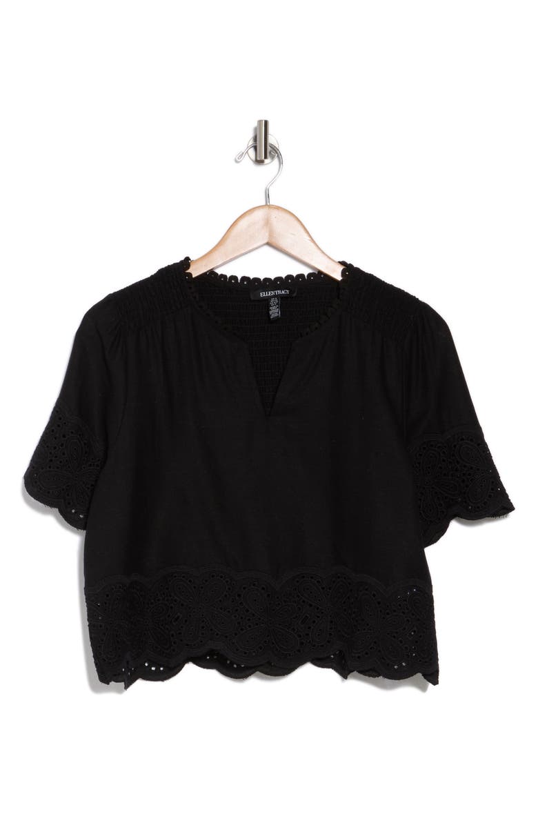 Ellen Tracy Embroidered Eyelet Short Sleeve Popover Top, Alternate, color, Black