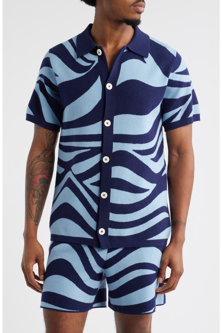Wave Knit Short Sleeve Button-Up Shirt, Main, color, BLUE