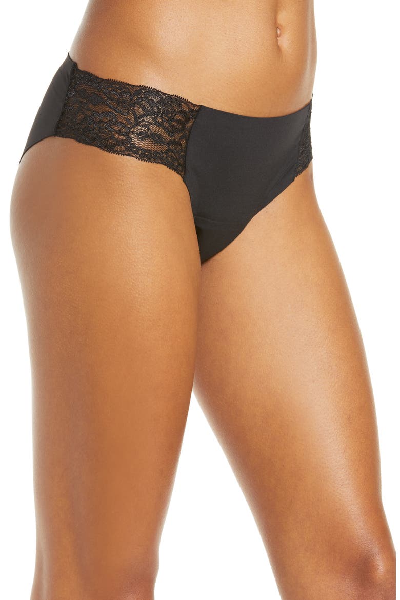Period & Leak Proof Lace Moderate Absorbency Cheeky Panties, Alternate, color, BLACK