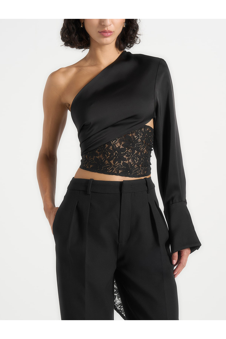 Coralie One Sleeve Lace Wrap Top, Alternate, color, Black