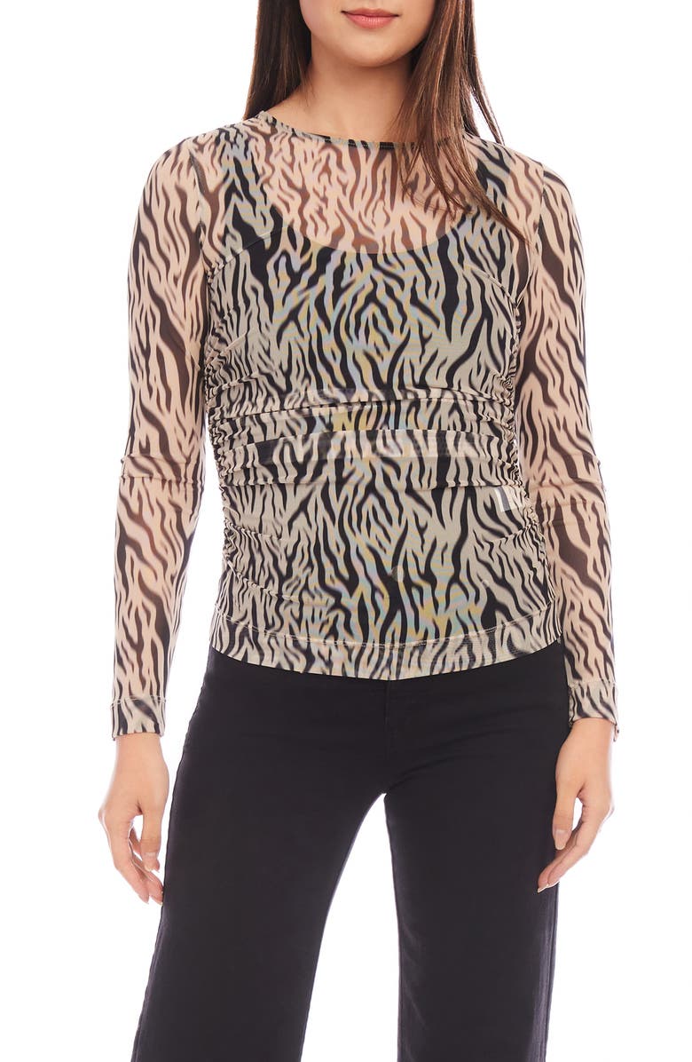 Karen Kane Zebra Print Side Ruched Sheer Mesh Top, Main, color, 