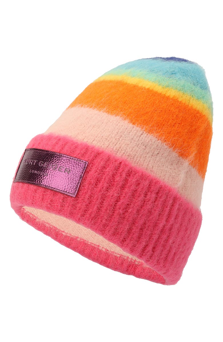 Kurt Geiger London Stripe Fuzzy Beanie, Alternate, color, Classic Rainbow